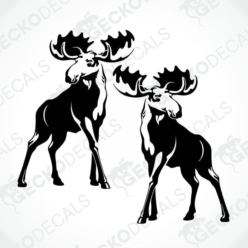 Two black silhouette decals of moose, standing in a fighting pose, intended for use on vehicles or equipment.