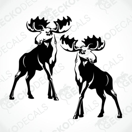 Two black silhouette decals of moose, standing in a fighting pose, intended for use on vehicles or equipment.
