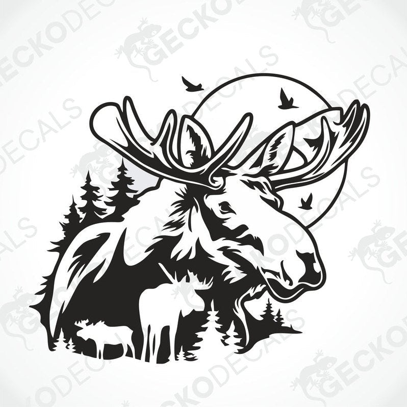 A die cut decal of a moose in a nature setting, with trees and a moon, intended for use on vehicles or equipment.