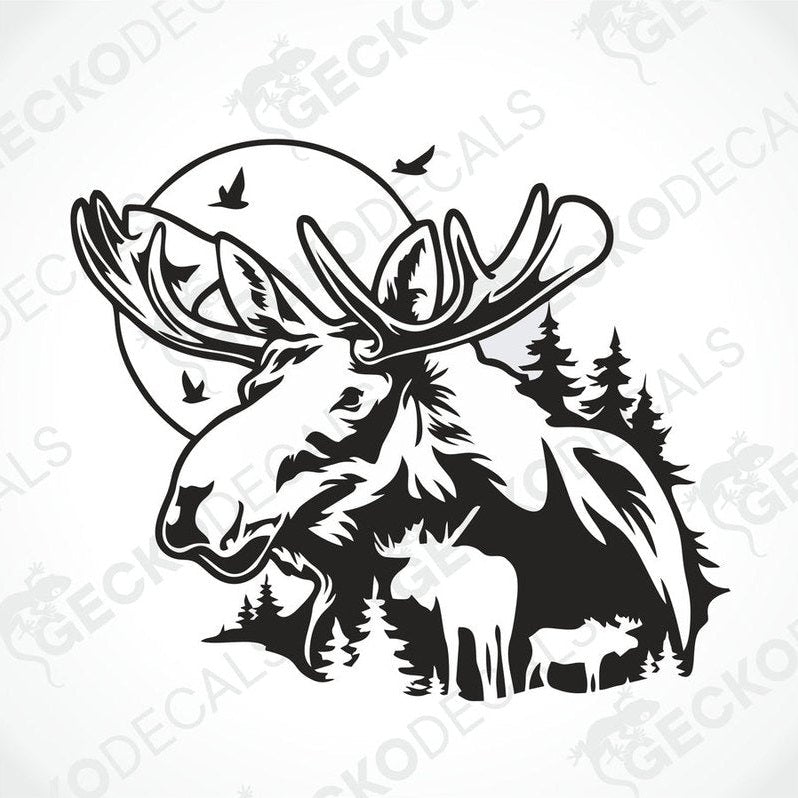A die cut decal of a moose in a nature setting, with trees and a moon, intended for use on vehicles or equipment.