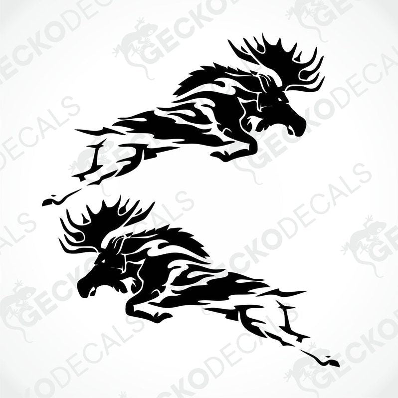 A pair of black moose-shaped decals, designed in a tribal style, intended for use on vehicles or other surfaces.