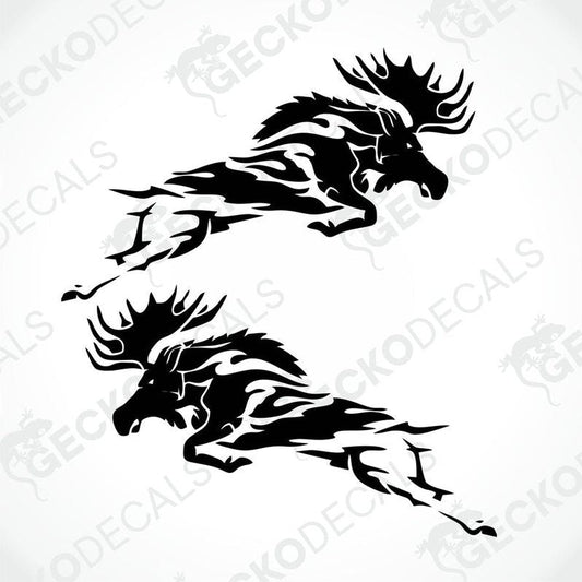 A pair of black moose-shaped decals, designed in a tribal style, intended for use on vehicles or other surfaces.