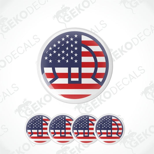 Set of American flag-themed stickers with a helmet design on a white background.