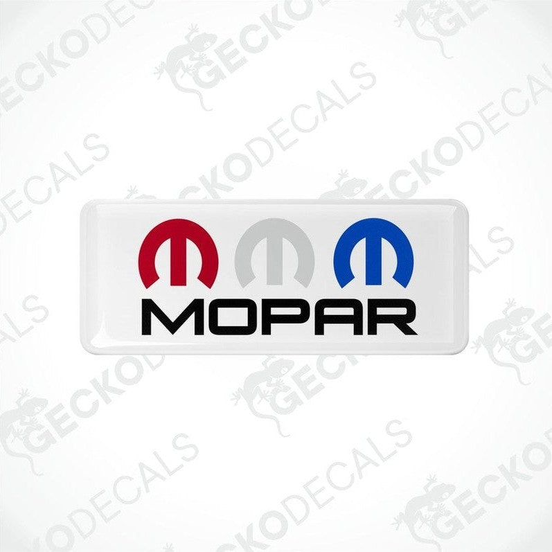 Rectangular MOPAR branded vinyl decals with a red, white, and blue color scheme.