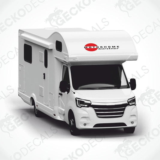 A white motorhome decal with a red and black 'Bürstner' logo on the side.