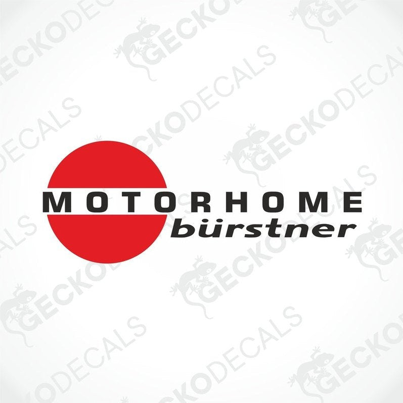 A white motorhome decal with a red and black 'Bürstner' logo on the side.