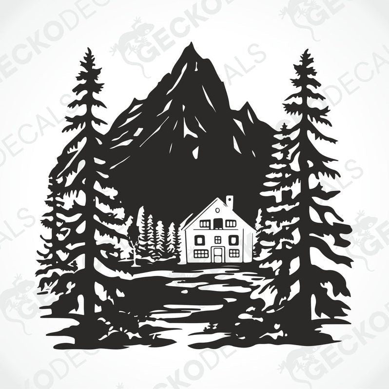 A decal of a mountain house with trees and a mountain in the background, delivered on a white vehicle.