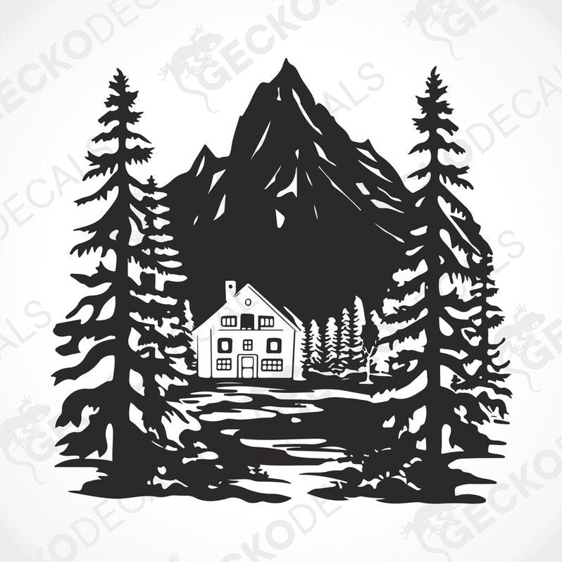 A decal of a mountain house with trees and a mountain in the background, delivered on a white vehicle.