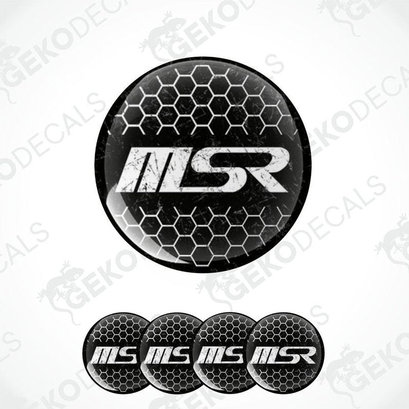 A set of four vinyl decals with polyurethane coating featuring the logo 'MSR' on a black hexagonal background.