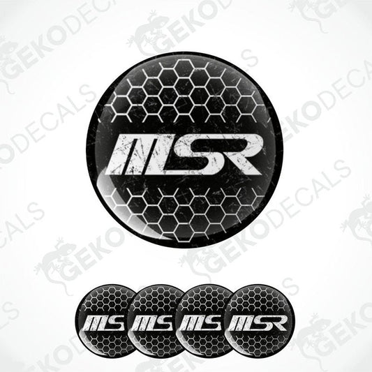 A set of four vinyl decals with polyurethane coating featuring the logo 'MSR' on a black hexagonal background.