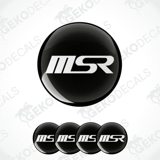 A set of four black vinyl stickers with the letters 'MSR' in white text, displayed on a transparent background.