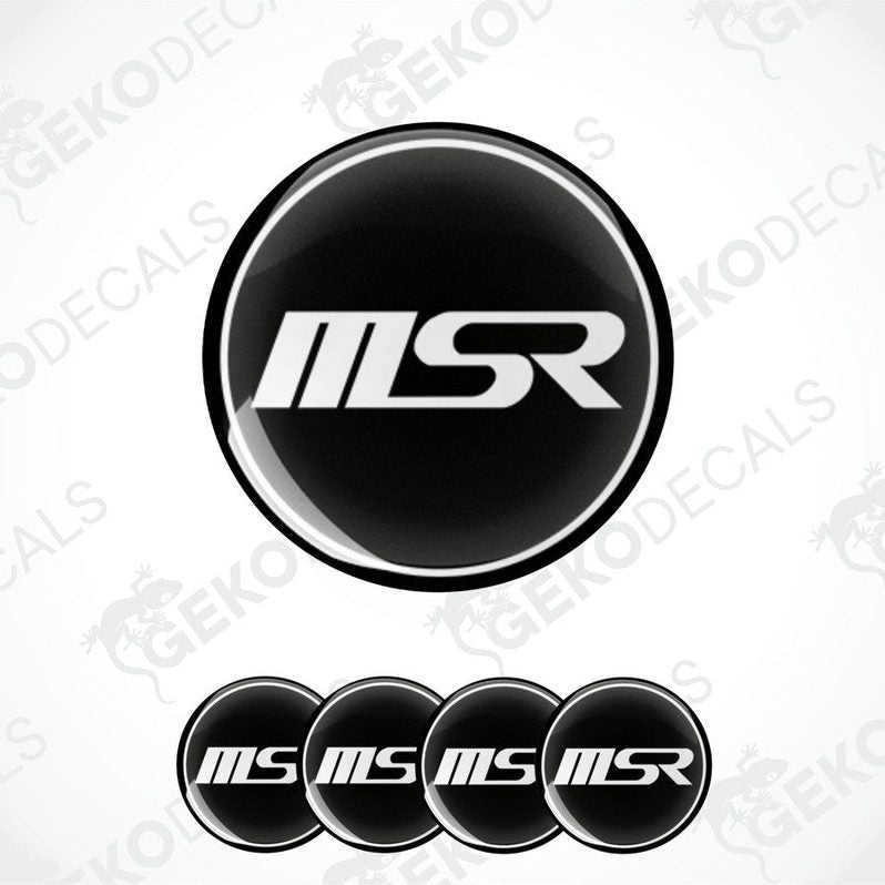 Set of four black vinyl decals with the 'MSR' logo in white, designed for use as car wheel decals.