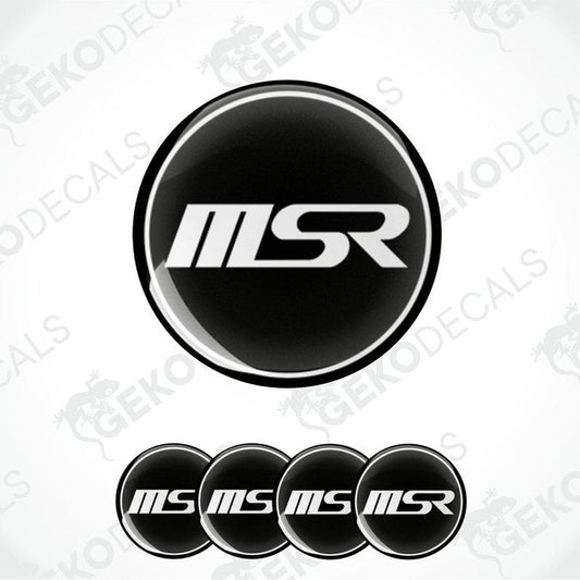 Set of four black vinyl decals with the 'MSR' logo in white, designed for use as car wheel decals.