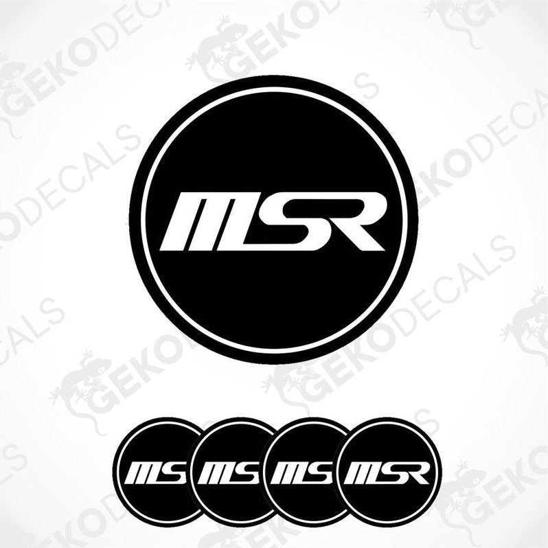 Set of four black vinyl decals with the 'MSR' logo in white, designed for use as car wheel decals.