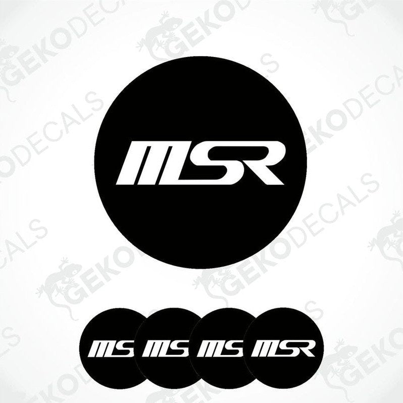 A set of four black vinyl stickers with the letters 'MSR' in white text, displayed on a transparent background.