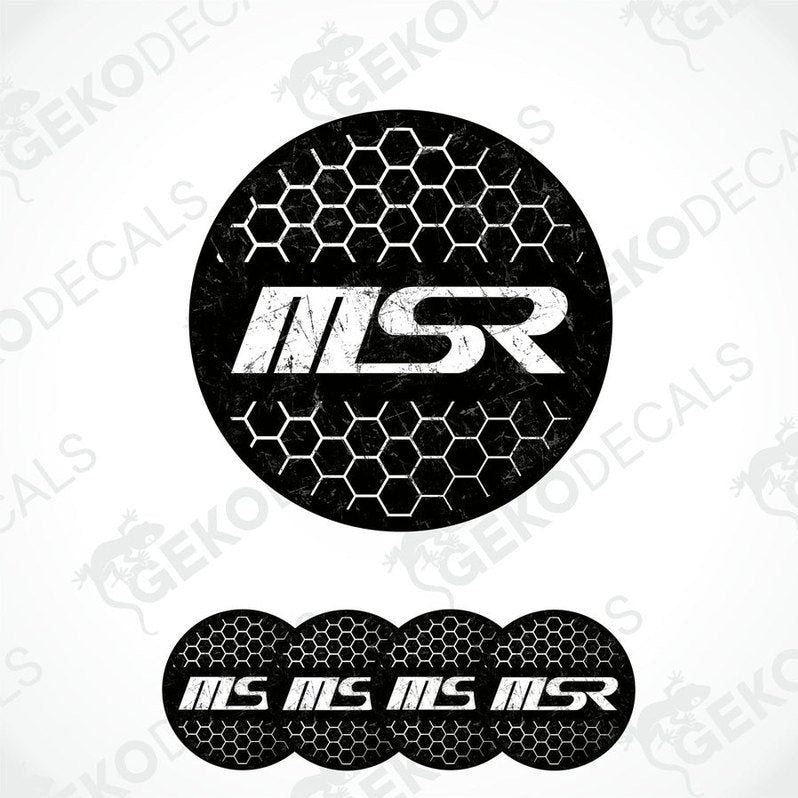 Set of four black vinyl decals with the 'MSR' logo in white, designed for use as car wheel decals.
