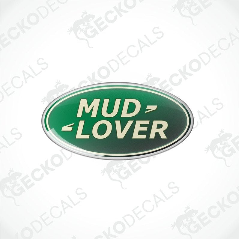 Green oval-shaped vinyl decals with the text 'MUD LOVER' in white and silver.