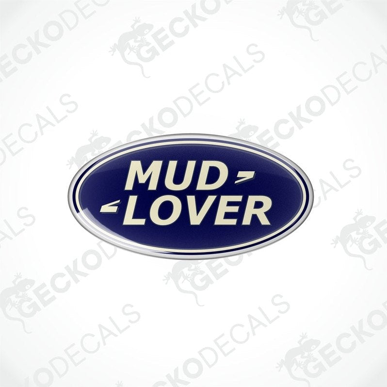 Blue oval-shaped vinyl decals with the text 'MUD LOVER' in white and silver.