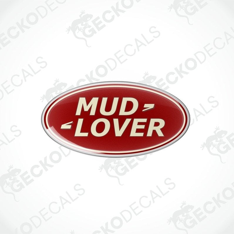 Red oval-shaped vinyl decals with the text 'MUD LOVER' in white and silver.