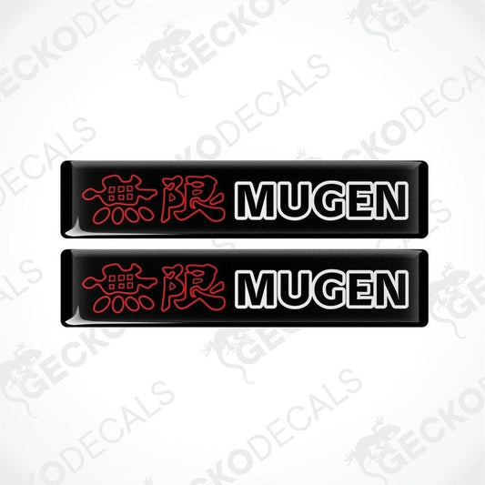 Two black vinyl stickers with red and white text and graphics, including the word 'MUGEN'.