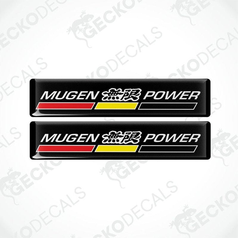 Two rectangular black vinyl decals with 'MUGEN POWER' text in white and red accents