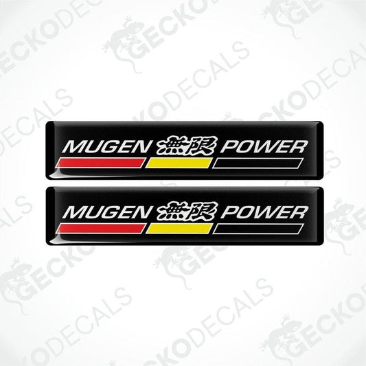 Two rectangular black vinyl decals with 'MUGEN POWER' text in white and red accents