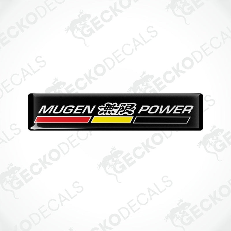 Rectangular black vinyl decals with 'MUGEN POWER' text in white and red accents