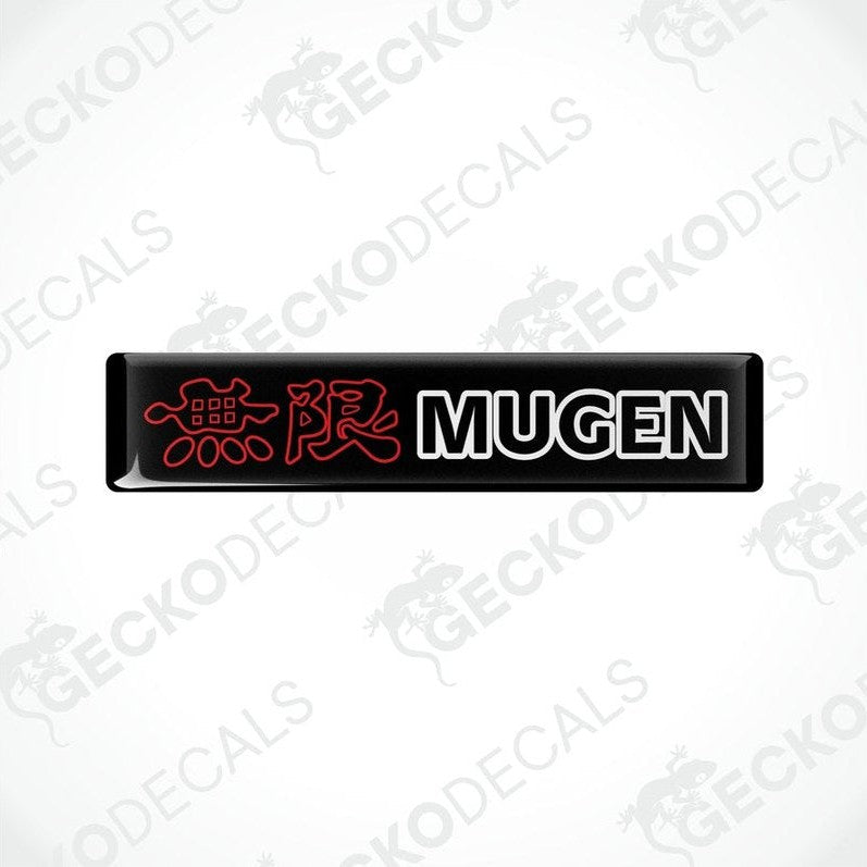Black vinyl stickers with red and white text and graphics, including the word 'MUGEN'.