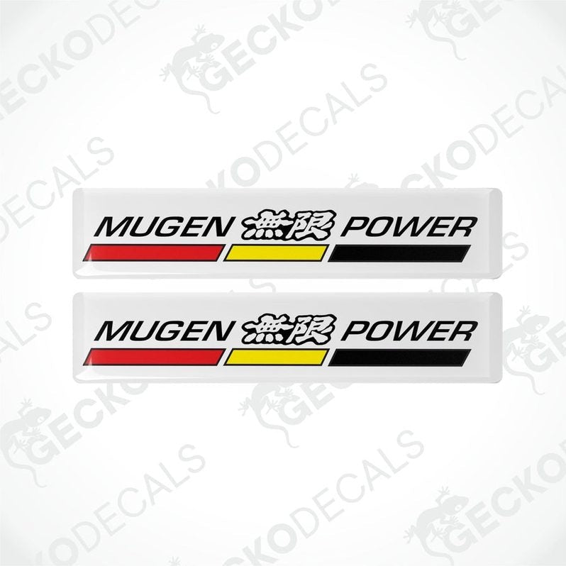 Two rectangular white vinyl decals with 'MUGEN POWER' text in white and red accents