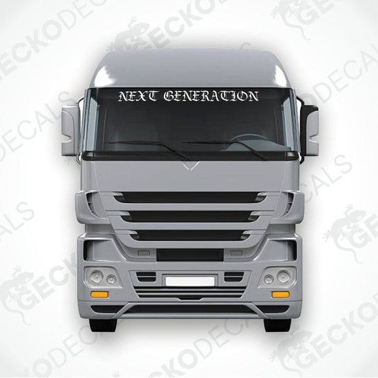 A gray decal with the text 'NEXT GENERATION' displayed on the front of a truck.