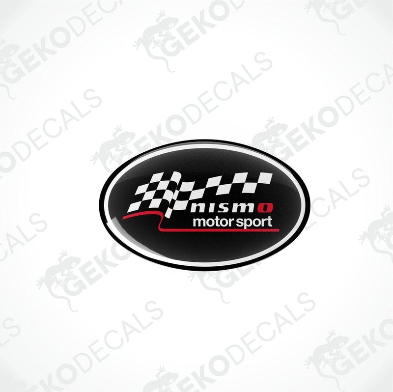 Oval-shaped decals with a checkered flag design, featuring the text 'NISMO motor sport' in white on a black background.