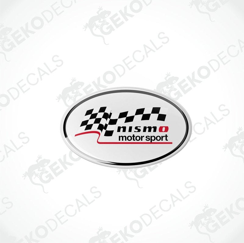 Oval-shaped decals with a checkered flag design, featuring the text 'NISMO motor sport' in black on a white background.
