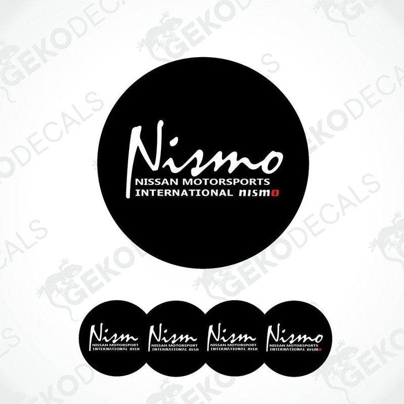 Close-up of glossy black Nismo car sticker featuring red lettering and epoxy coating