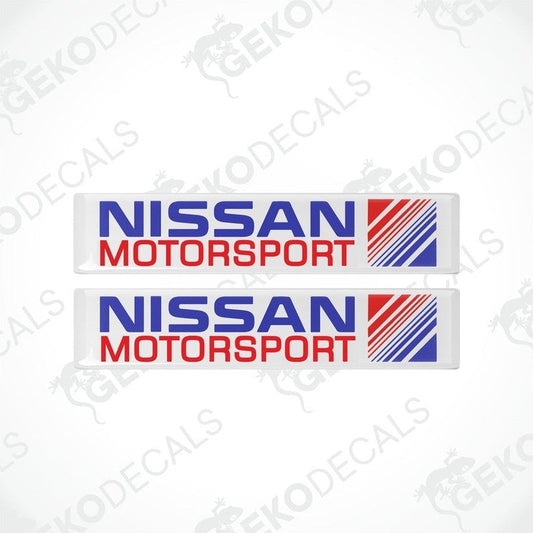 Nissan Motorsport domed epoxy car decal set with blue and red racing stripes