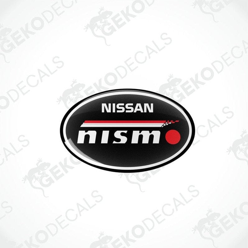 Oval-shaped vinyl decals with the NISSAN NISMO logo in black, red, and white colors.