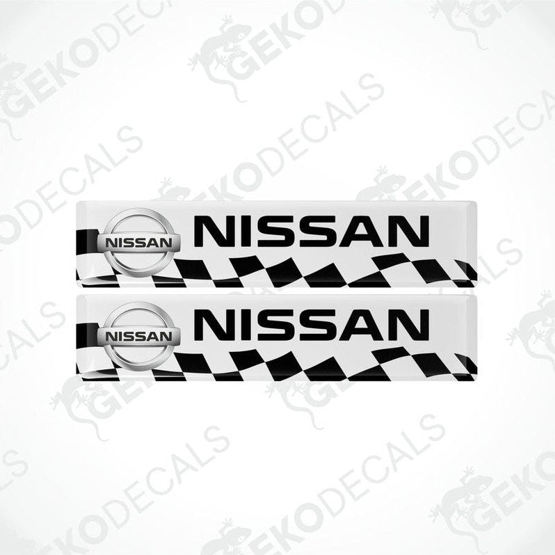 Two white band black checkered car decals with the Nissan logo