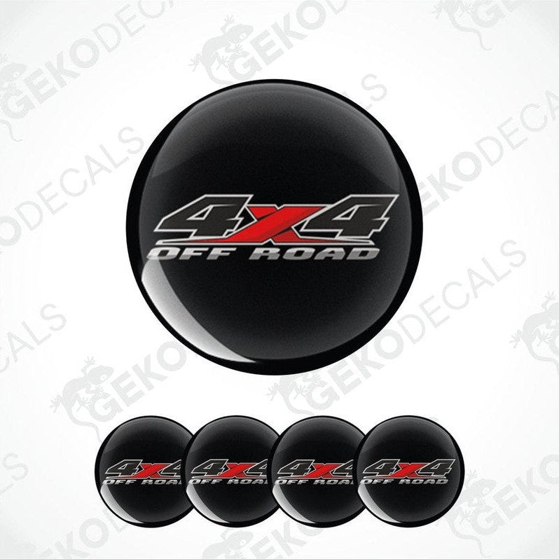Black wheel rim stickers with '4X4 Off Road' text on a white background