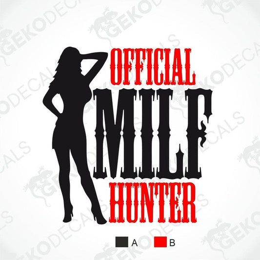 Silhouette of a woman with 'Official MILF Hunter' text on a white background