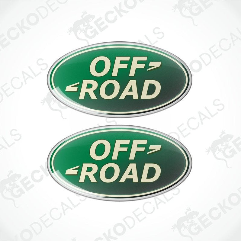 Two green vinyl stickers with the word 'OFFROAD' written on them, placed against a white background.