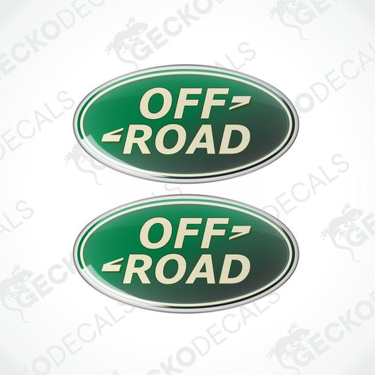 Two green vinyl stickers with the word 'OFFROAD' written on them, placed against a white background.
