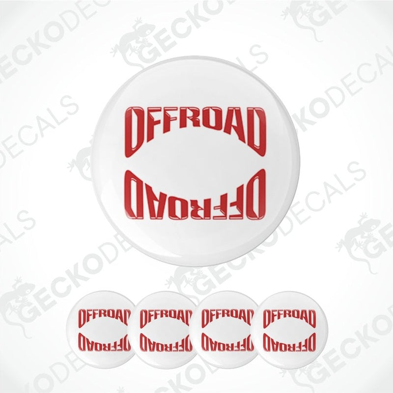Set of withe circular decals with red 'OFFROAD' text on a white background.