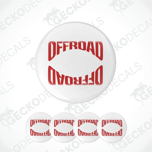 Set of withe circular decals with red 'OFFROAD' text on a white background.
