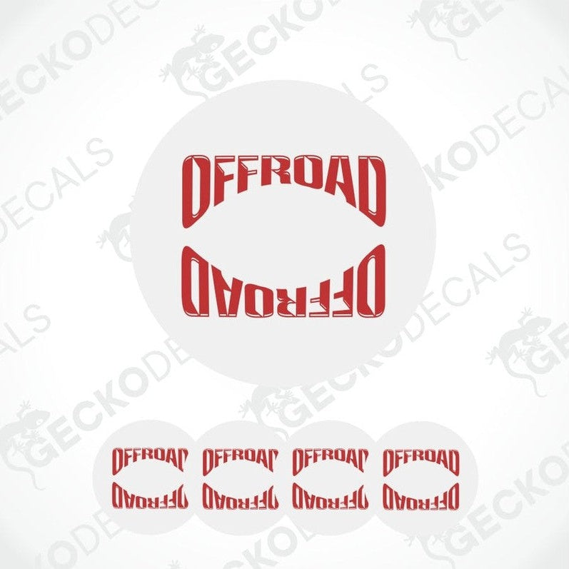 Set of withe circular decals with red 'OFFROAD' text on a white background.