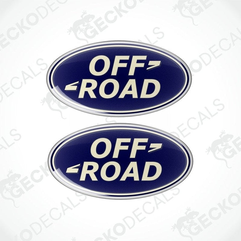 Two blue vinyl stickers with the word 'OFFROAD' written on them, placed against a white background.