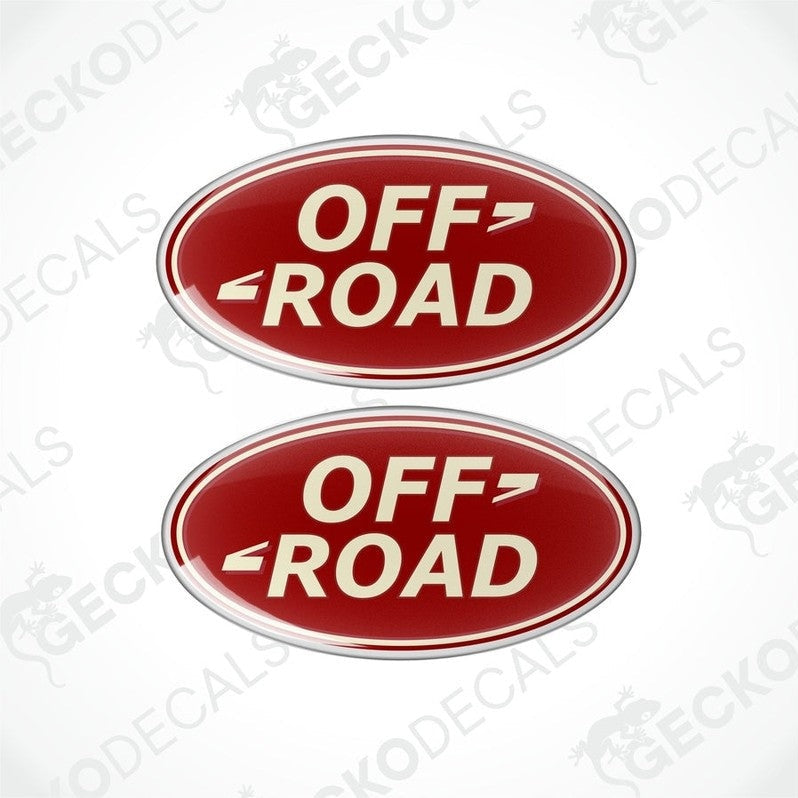 Two red vinyl stickers with the word 'OFFROAD' written on them, placed against a white background.