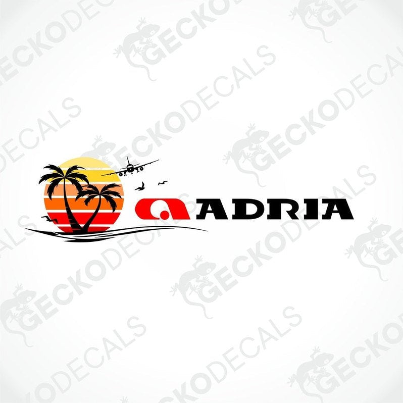 Close-up of Adria die-cut sticker featuring sunset, palm trees, plane and birds