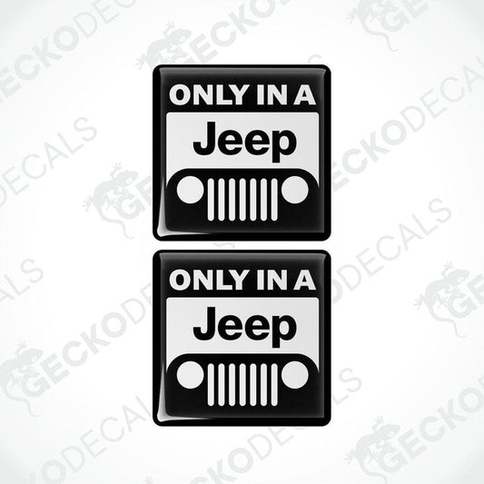 Two black and white vinyl decals with the text 'ONLY IN A JEEP' and a star symbol, intended for use as car stickers.