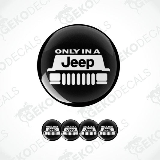 A set of four black vinyl stickers with the text 'only in a JEEP' and an image of a Jeep vehicle.