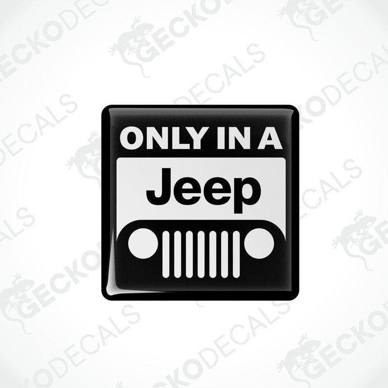 Black and white vinyl decals with the text 'ONLY IN A JEEP' and a star symbol, intended for use as car stickers.