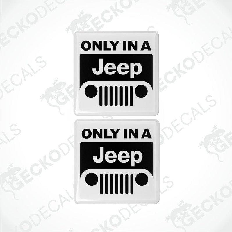 Two withe and black vinyl decals with the text 'ONLY IN A JEEP' and a star symbol, intended for use as car stickers.